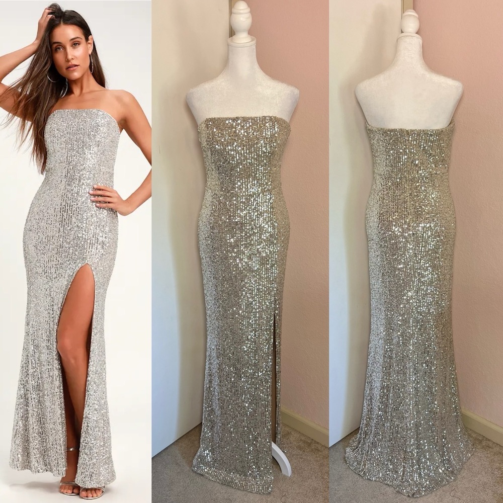 Lavish Lover Silver Strapless Sequin Maxi Dress